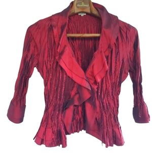 Agora Taffeta Accordian-Pleat Blouse. Metallic/Iridescent Burgundy. PL